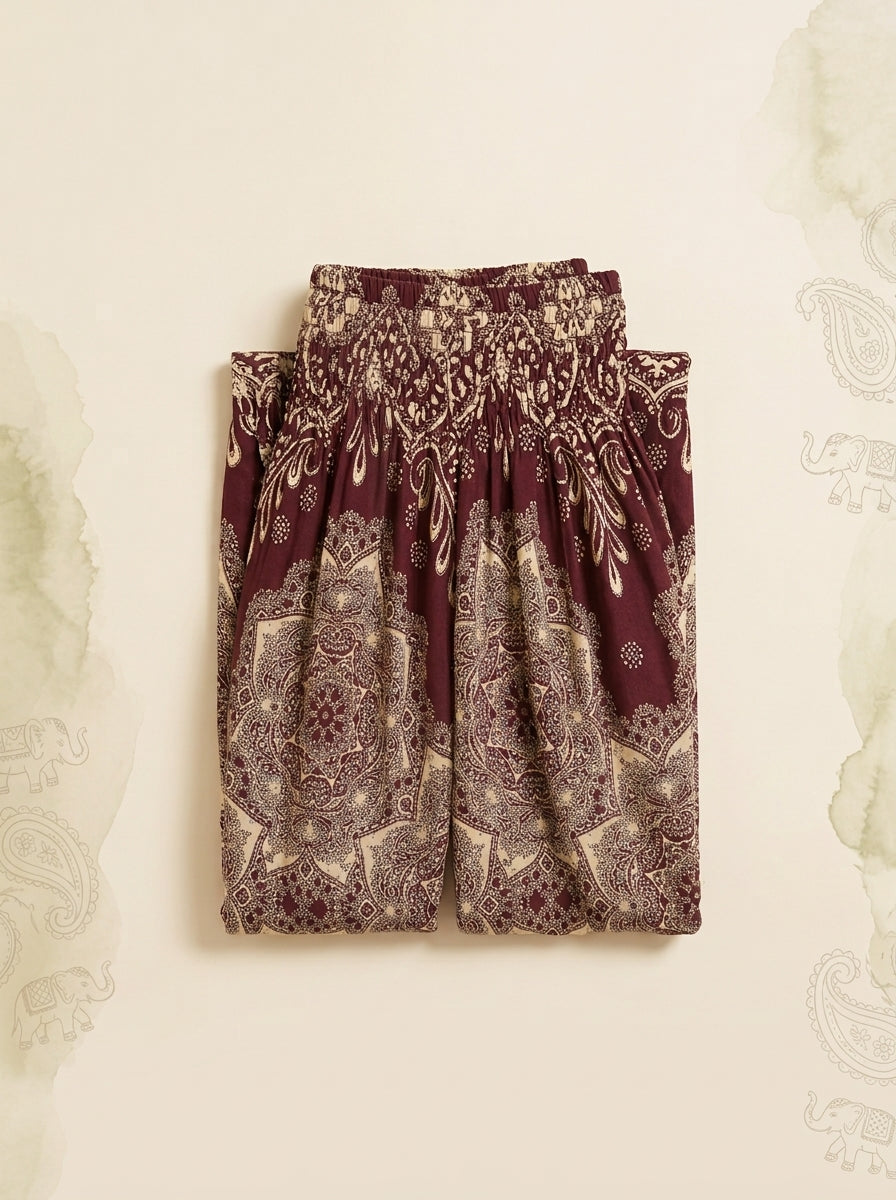 Thai Print Harem Pants in Burgundy Paisley, folded flat