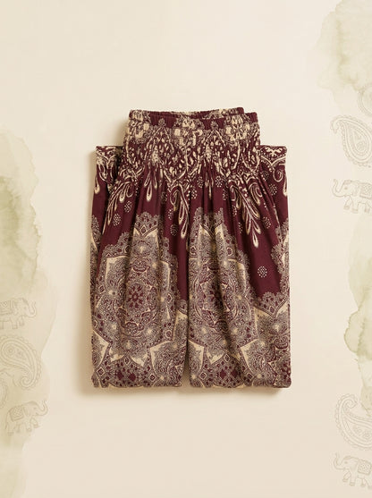 Thai Print Harem Pants in Burgundy Paisley, folded flat