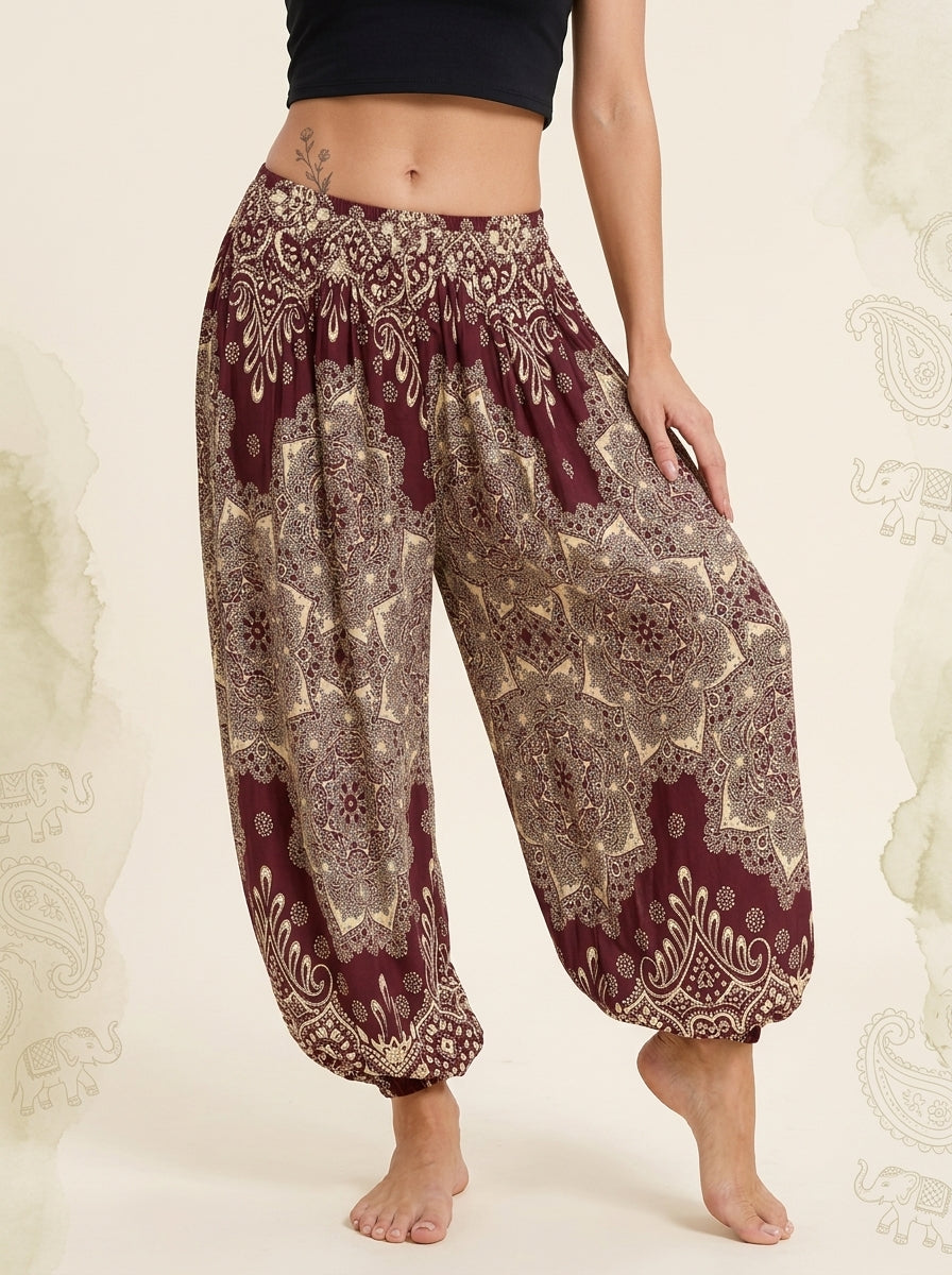 Thai Print Harem Pants in Burgundy Paisley, front view