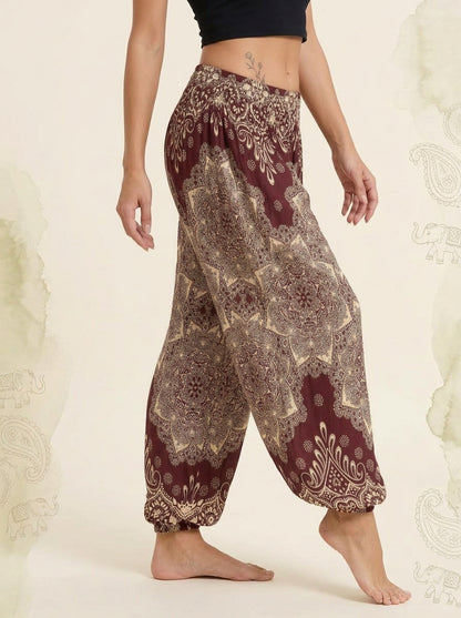 Thai Print Harem Pants in Burgundy Paisley, side view