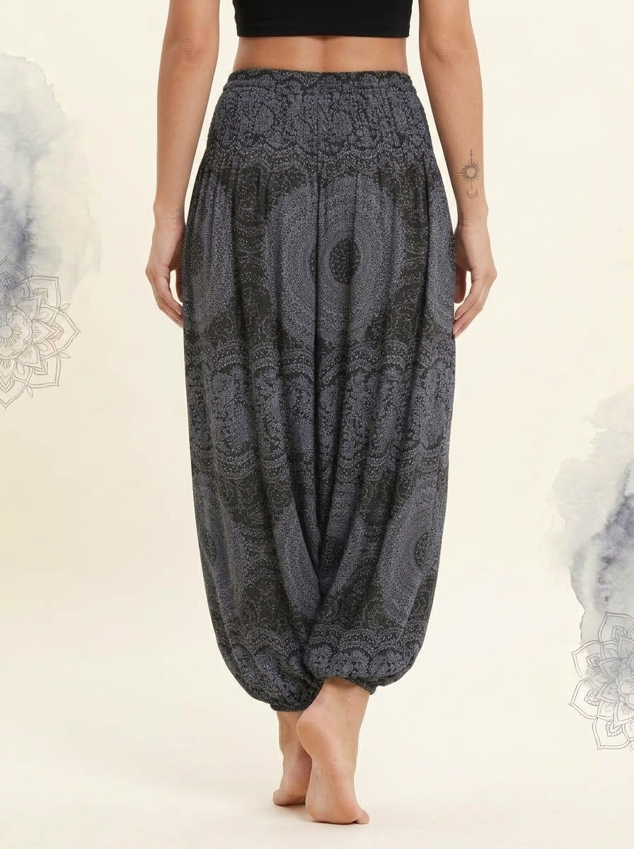 Thai Print Harem Pants in Charcoal Mandala, back view