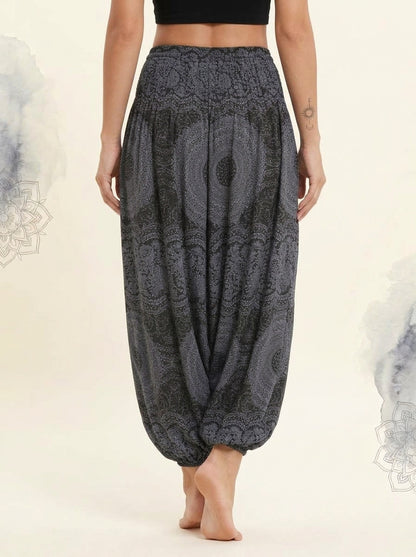 Thai Print Harem Pants in Charcoal Mandala, back view