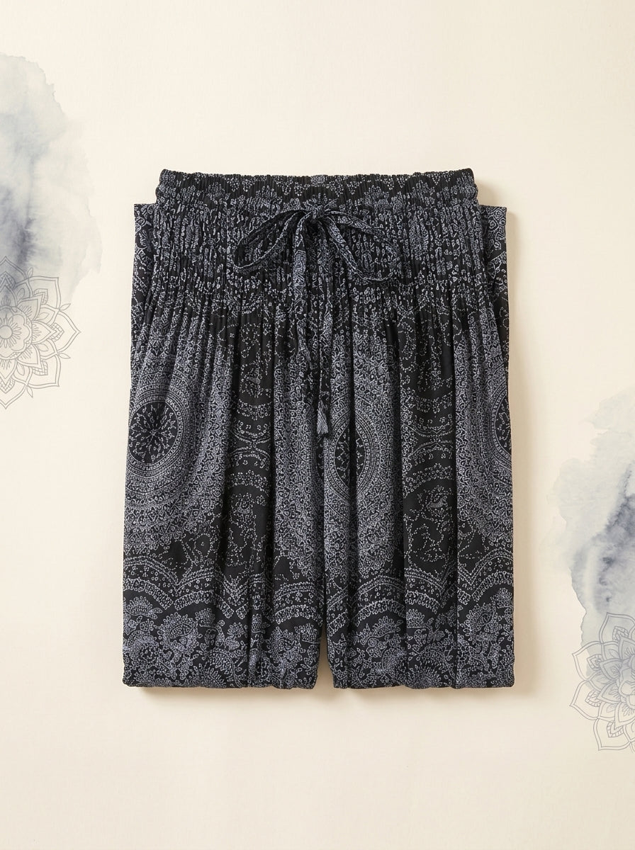Thai Print Harem Pants in Charcoal Mandala, folded flat