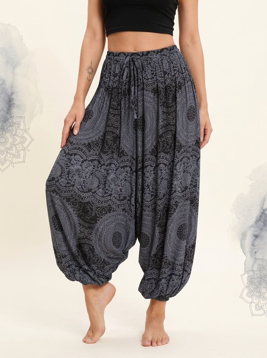Thai Print Harem Pants in Charcoal Mandala, front view