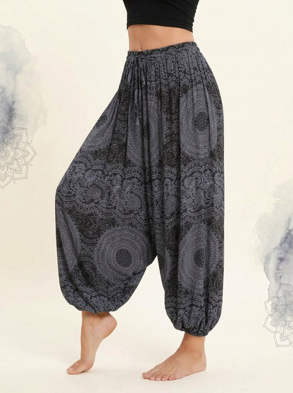 Thai Print Harem Pants in Charcoal Mandala, side view
