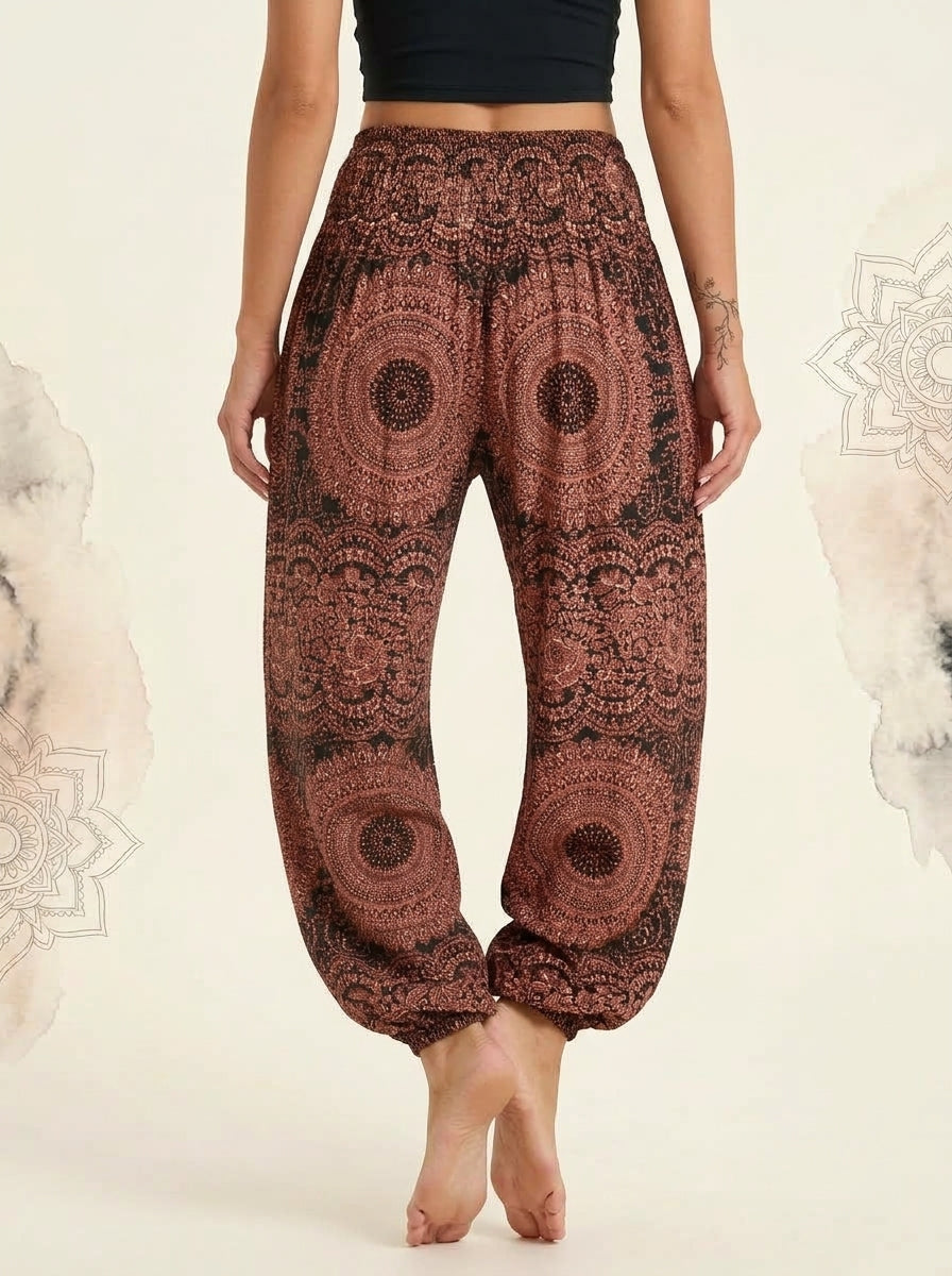 Thai Print Harem Pants in Copper Mandala, back view