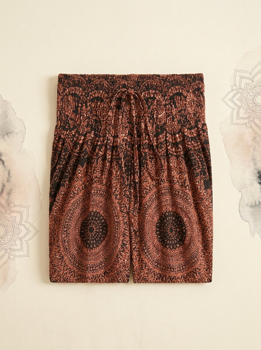 Thai Print Harem Pants in Copper Mandala, folded flat