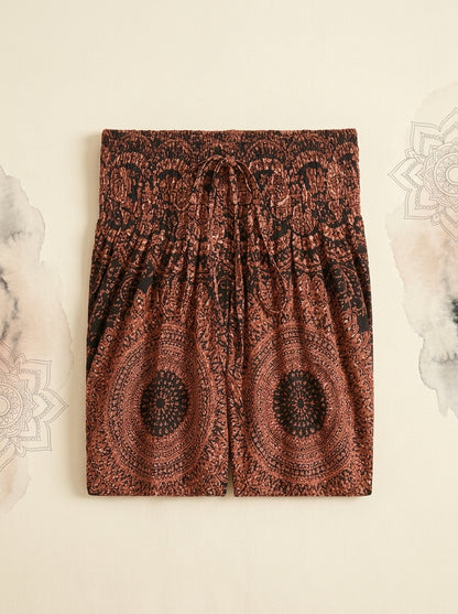 Thai Print Harem Pants in Copper Mandala, folded flat