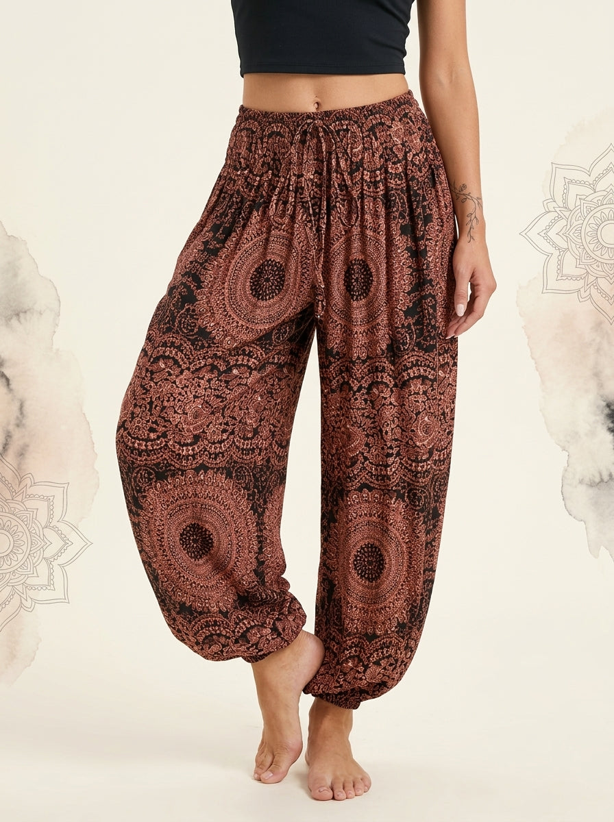 Thai Print Harem Pants in Copper Mandala, front view