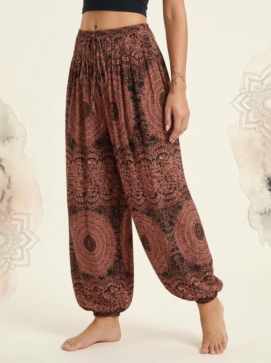 Thai Print Harem Pants in Copper Mandala, side view