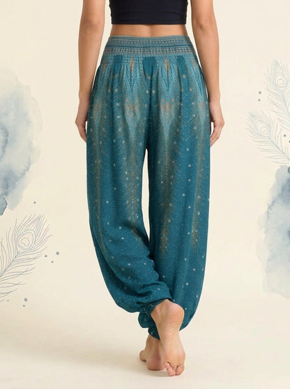 Thai Print Harem Pants in Deep Teal, back view