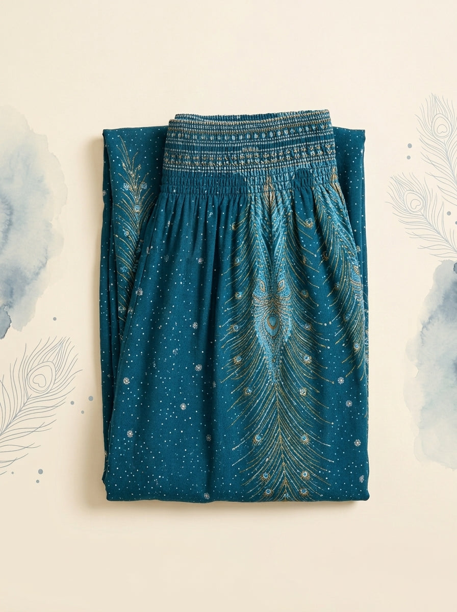 Thai Print Harem Pants in Deep Teal, folded flat
