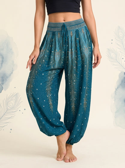 Thai Print Harem Pants in Deep Teal, front view