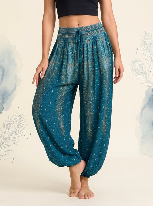 Thai Print Harem Pants in Deep Teal