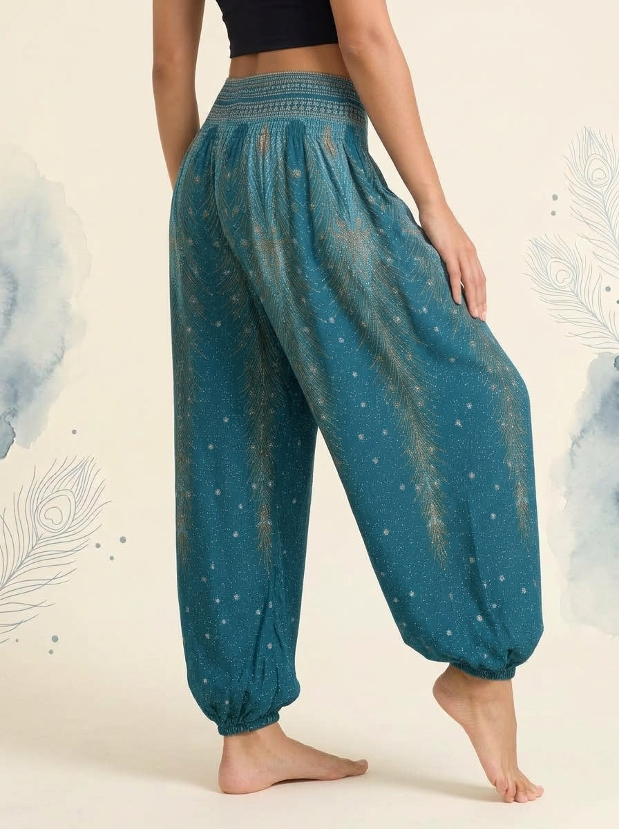 Thai Print Harem Pants in Deep Teal, side view