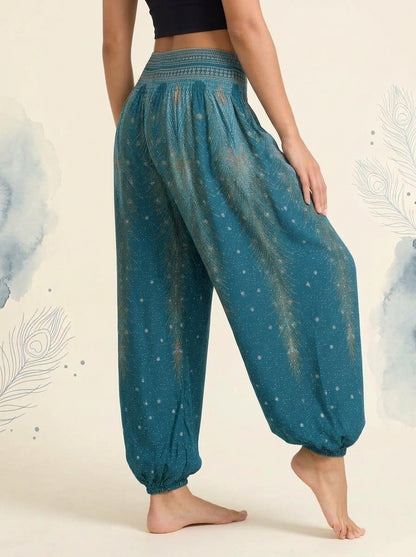 Thai Print Harem Pants in Deep Teal, side view