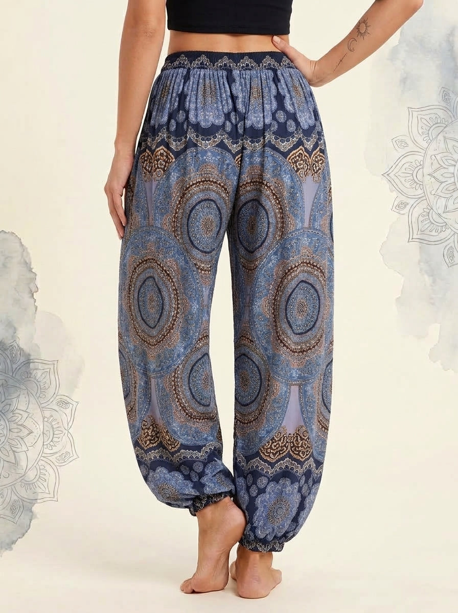 Thai Print Harem Pants in Dusk Blue, back view