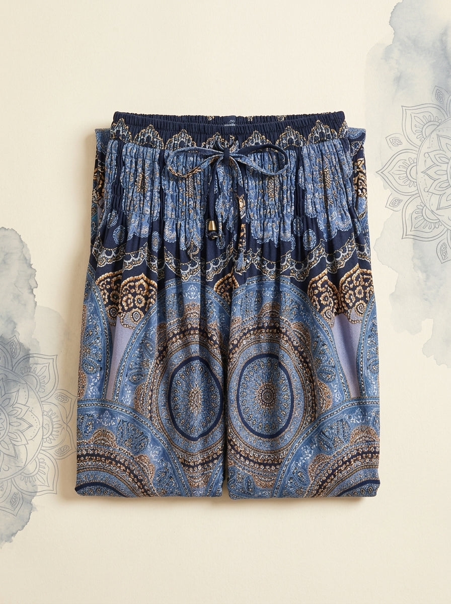 Thai Print Harem Pants in Dusk Blue, folded flat