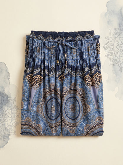 Thai Print Harem Pants in Dusk Blue, folded flat