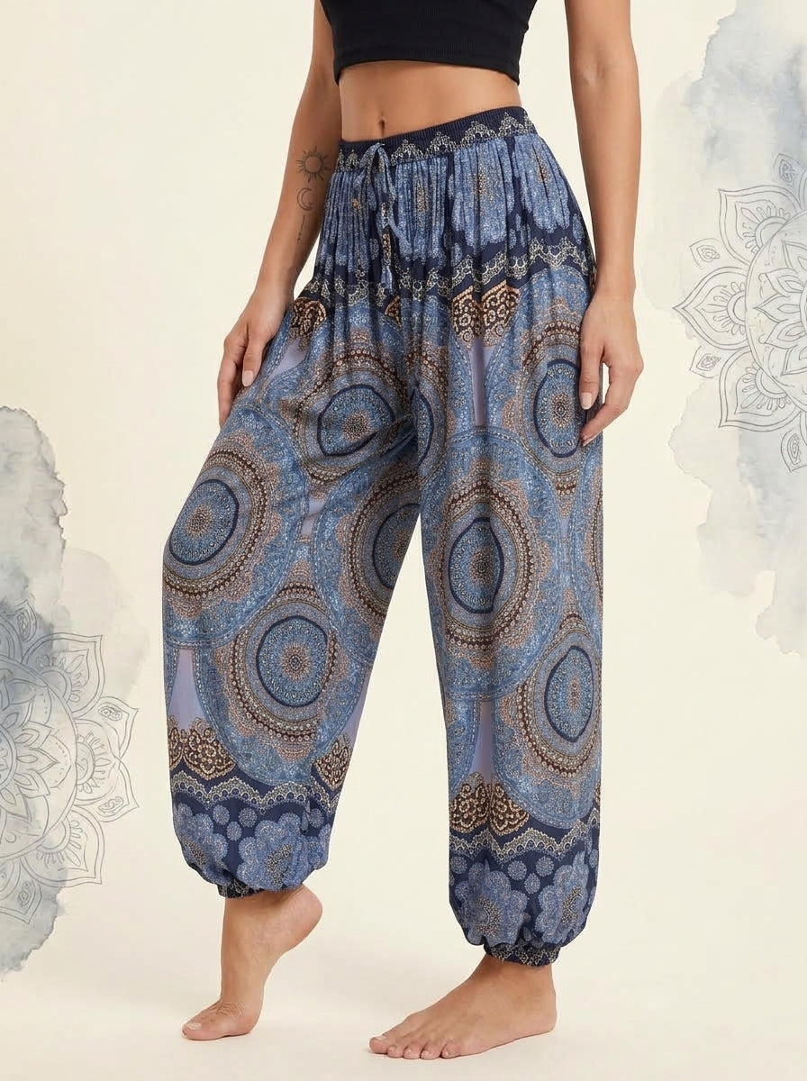 Thai Print Harem Pants in Dusk Blue, side view
