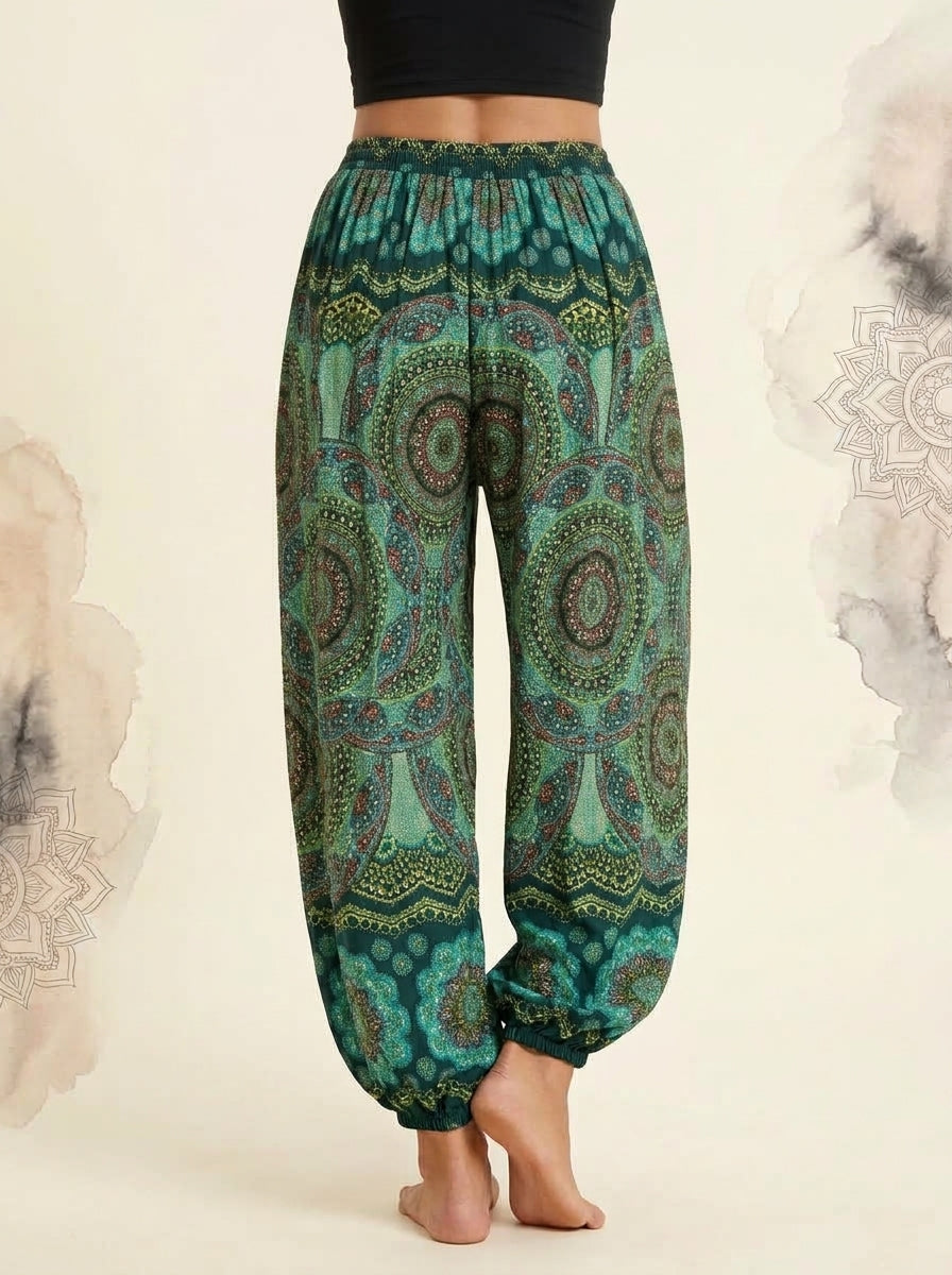 Thai Print Harem Pants in Emerald Mandala, back view