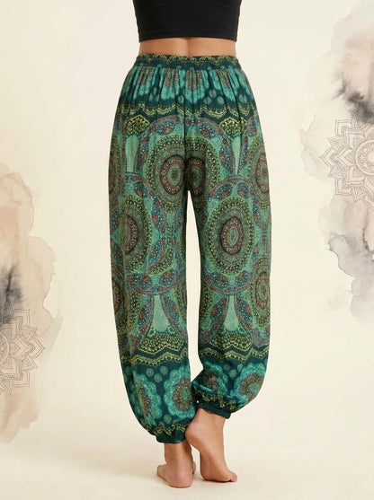 Thai Print Harem Pants in Emerald Mandala, back view