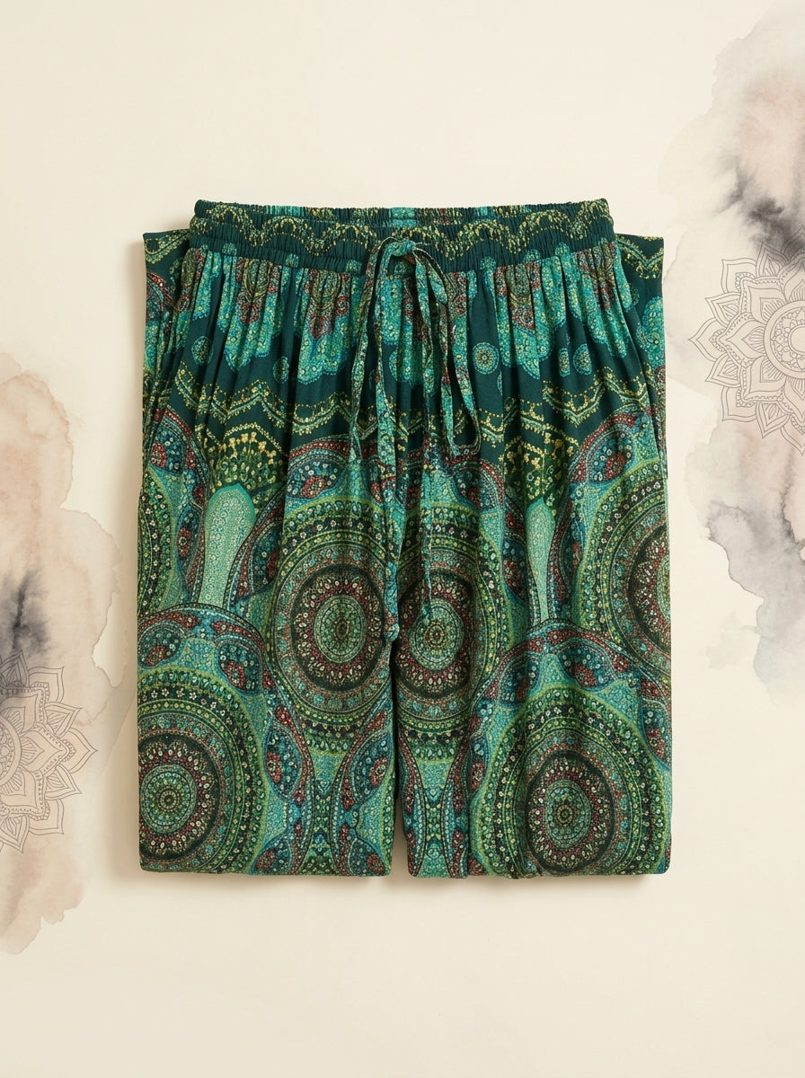 Thai Print Harem Pants in Emerald Mandala, folded flat
