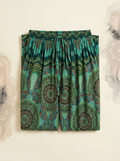 Thai Print Harem Pants in Emerald Mandala, folded flat