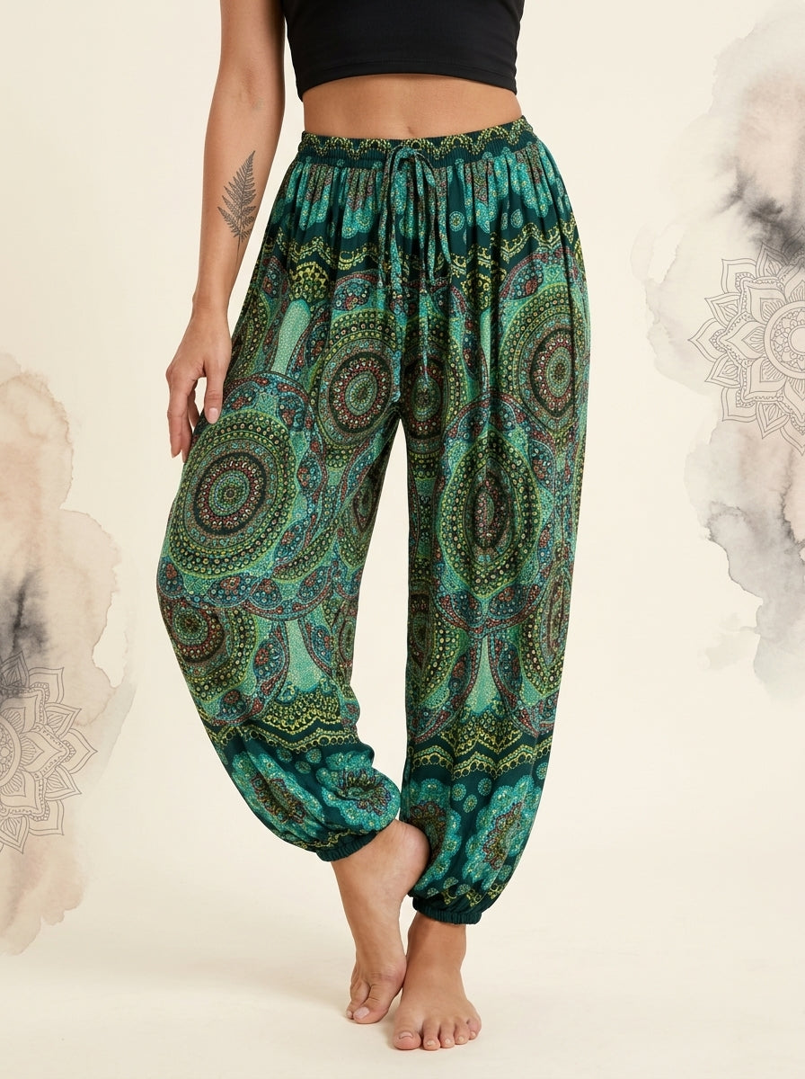 Thai Print Harem Pants in Emerald Mandala, front view