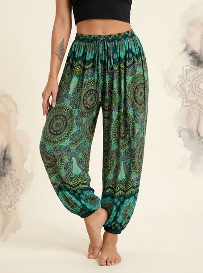 Thai Print Harem Pants in Emerald Mandala, front view
