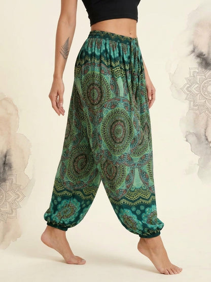 Thai Print Harem Pants in Emerald Mandala, side view