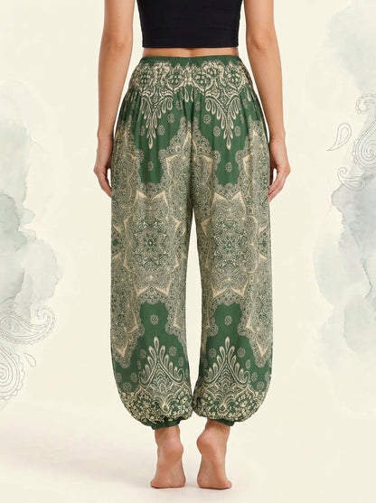 Thai Print Harem Pants in Forest Cream, back view