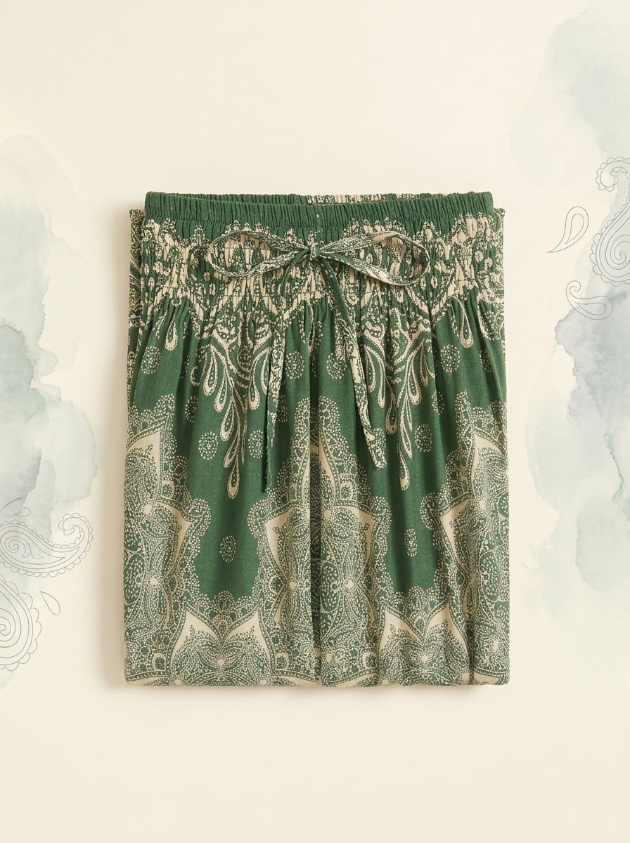Thai Print Harem Pants in Forest Cream, folded flat