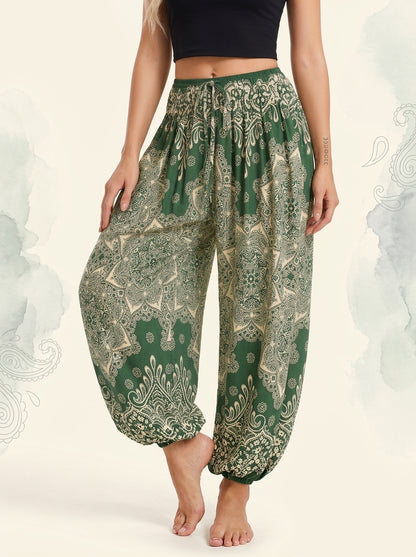 Thai Print Harem Pants in Forest Cream, front view