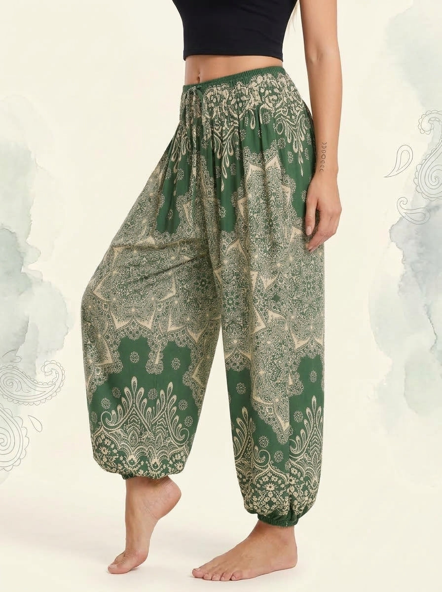 Thai Print Harem Pants in Forest Cream, side view