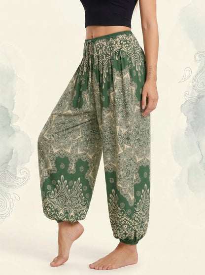 Thai Print Harem Pants in Forest Cream, side view