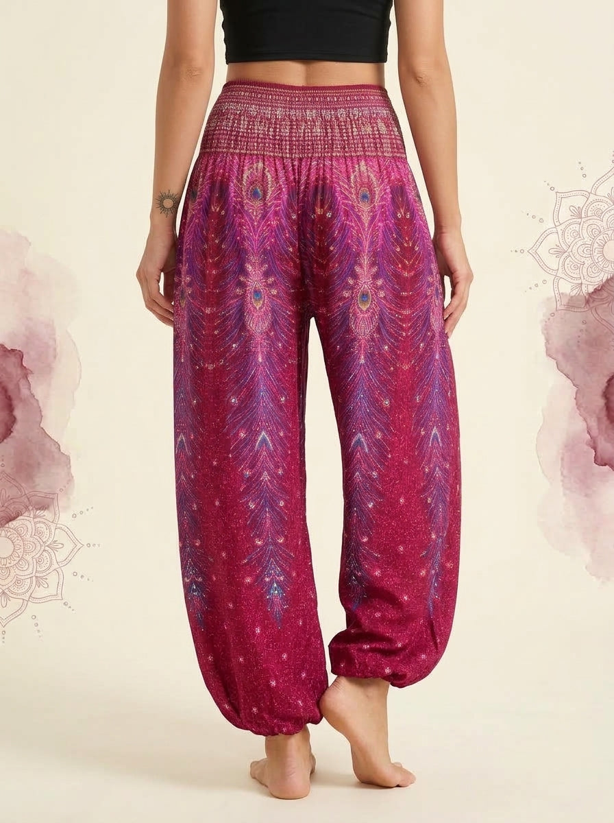 Thai Print Harem Pants in Fuchsia, back view