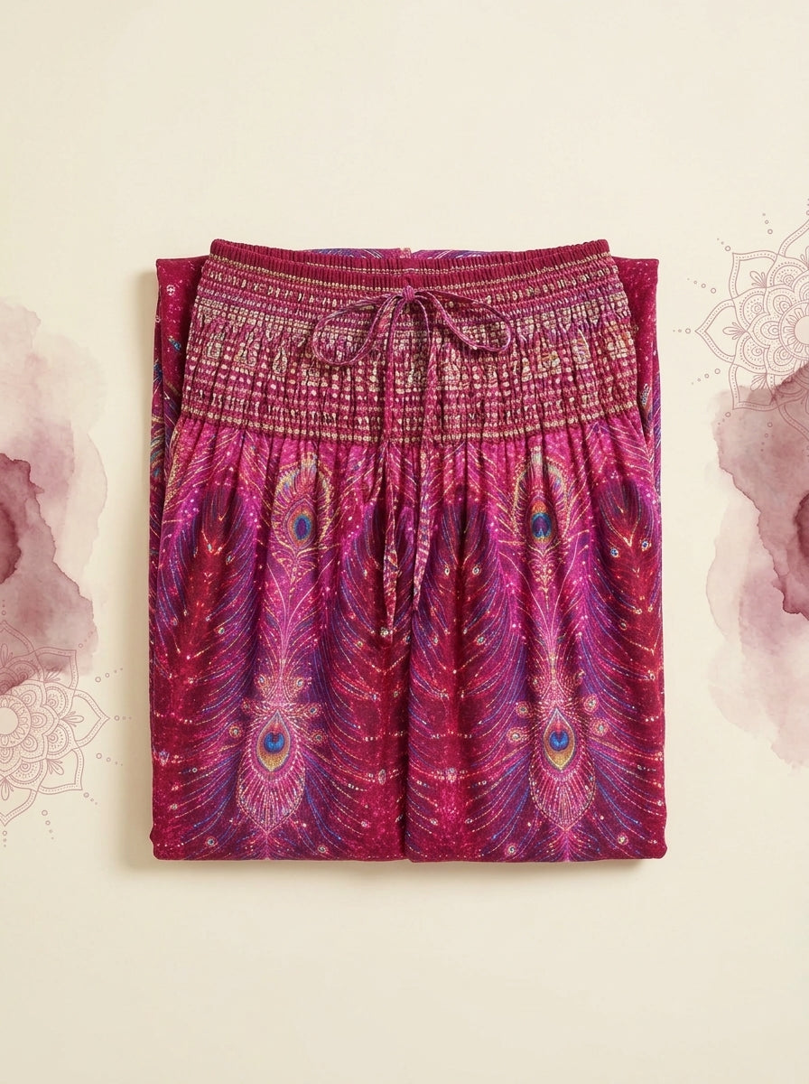 Thai Print Harem Pants in Fuchsia, folded flat