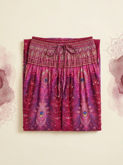 Thai Print Harem Pants in Fuchsia, folded flat