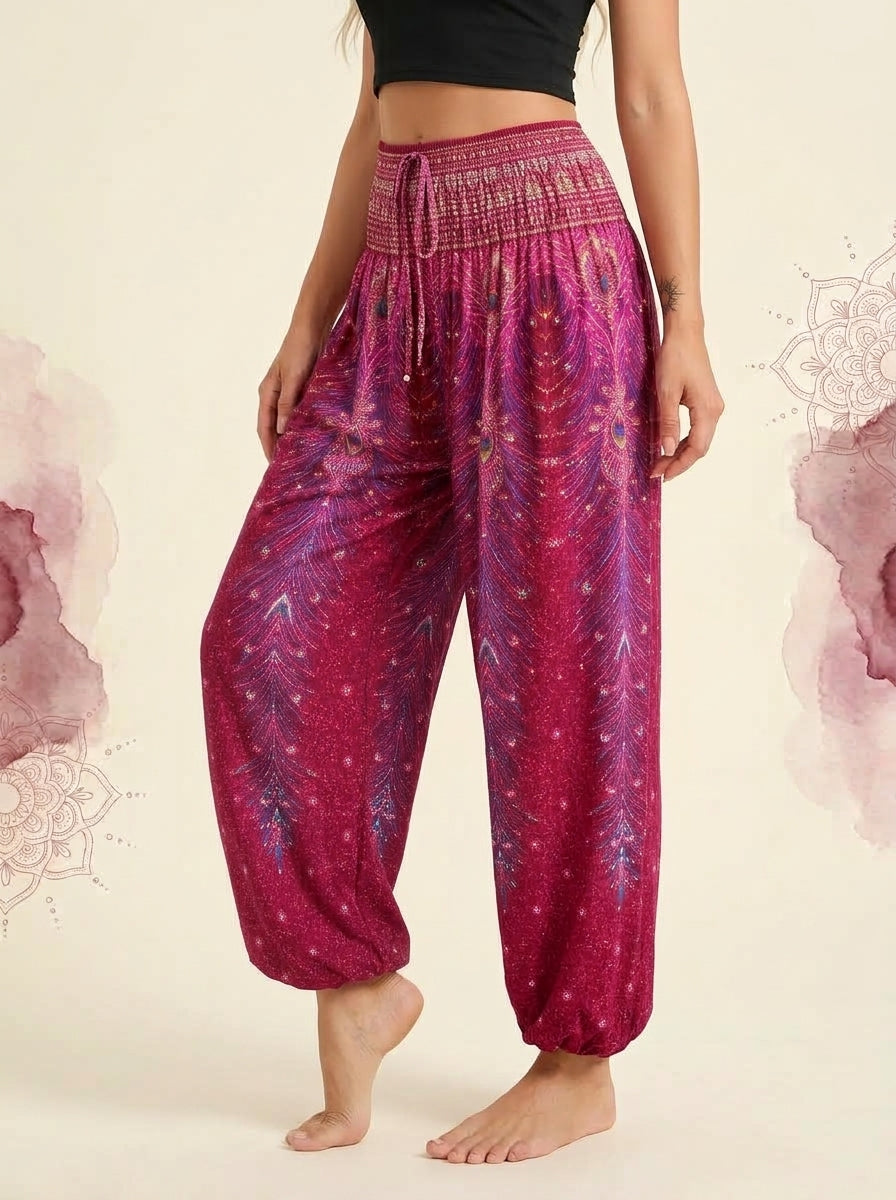 Thai Print Harem Pants in Fuchsia, side view