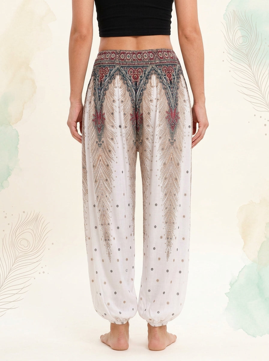Thai Print Harem Pants in Ivory Dot, back view