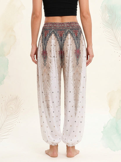 Thai Print Harem Pants in Ivory Dot, back view