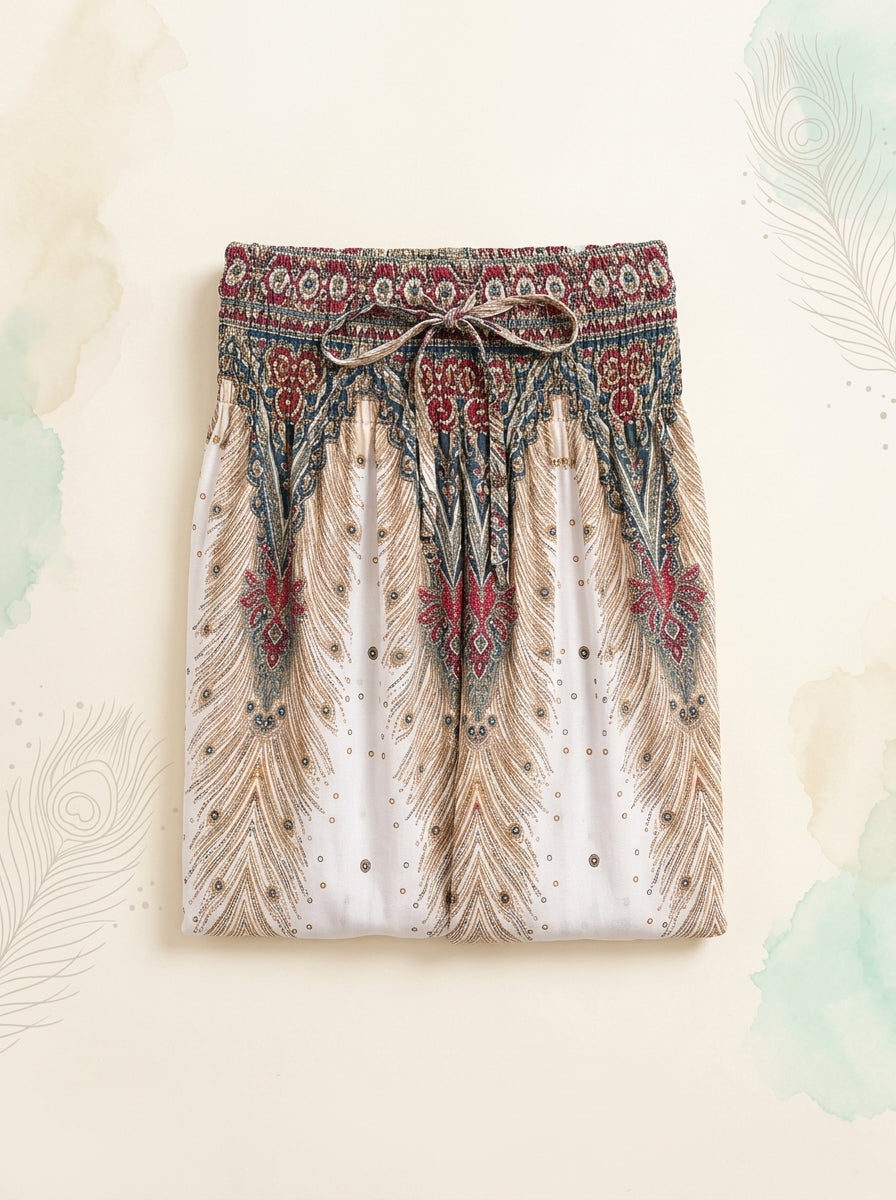 Thai Print Harem Pants in Ivory Dot, folded flat