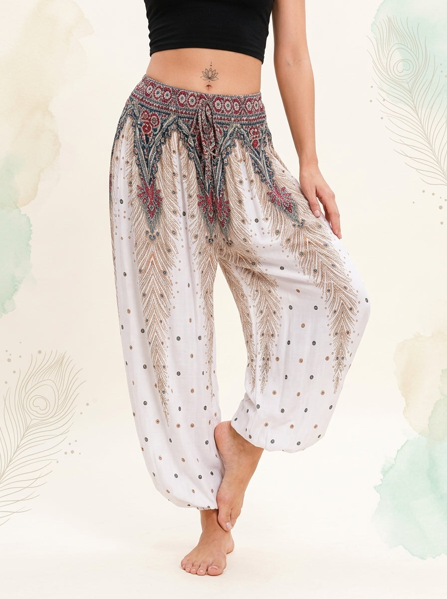 Thai Print Harem Pants in Ivory Dot, front view