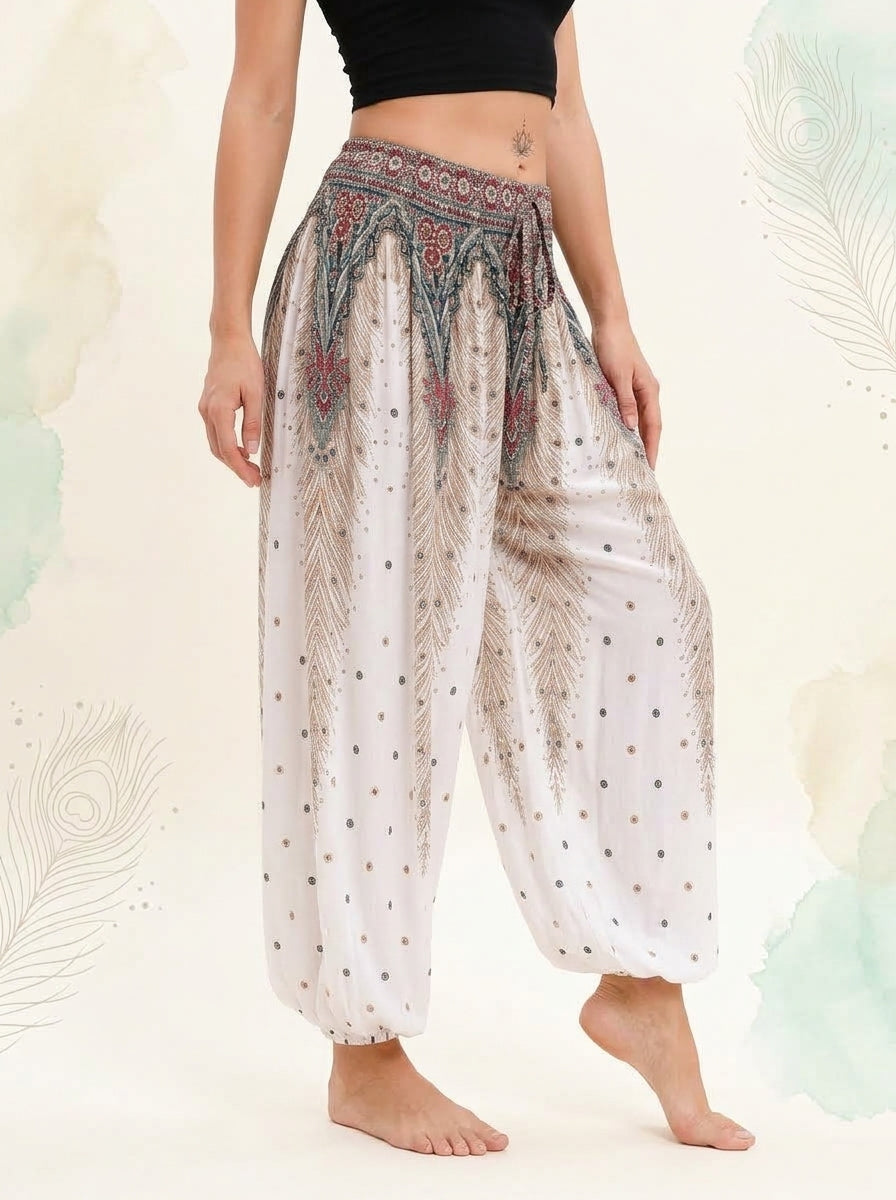 Thai Print Harem Pants in Ivory Dot, side view