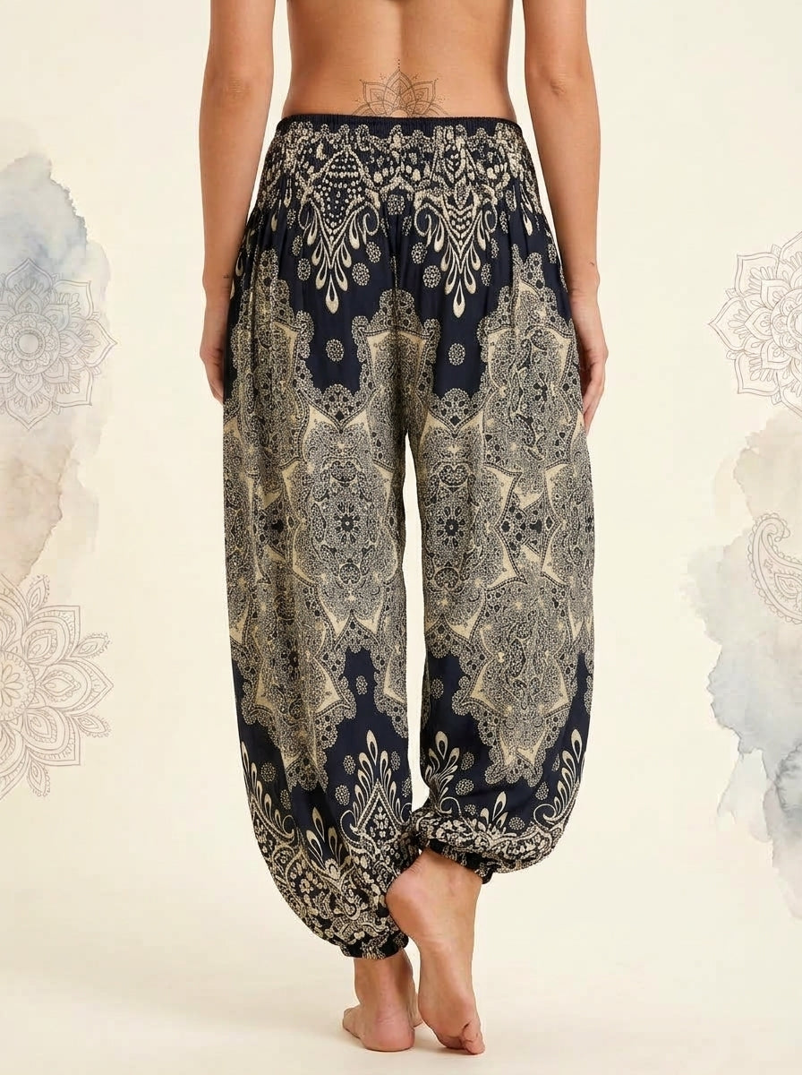 Thai Print Harem Pants in Ivory Navy, back view