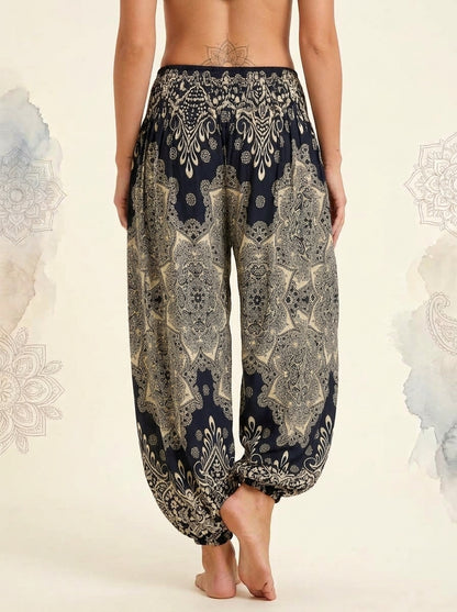 Thai Print Harem Pants in Ivory Navy, back view