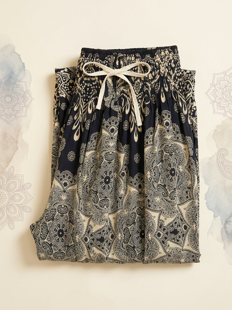 Thai Print Harem Pants in Ivory Navy, folded flat