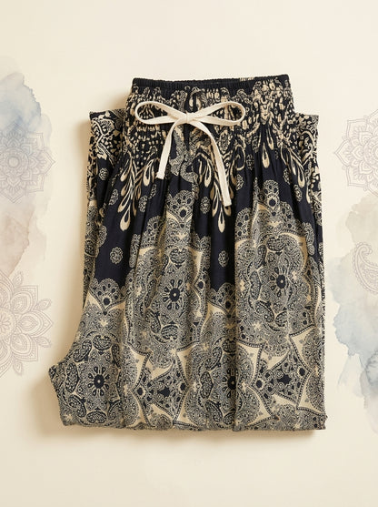 Thai Print Harem Pants in Ivory Navy, folded flat