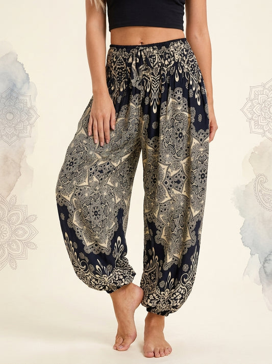 Thai Print Harem Pants in Ivory Navy